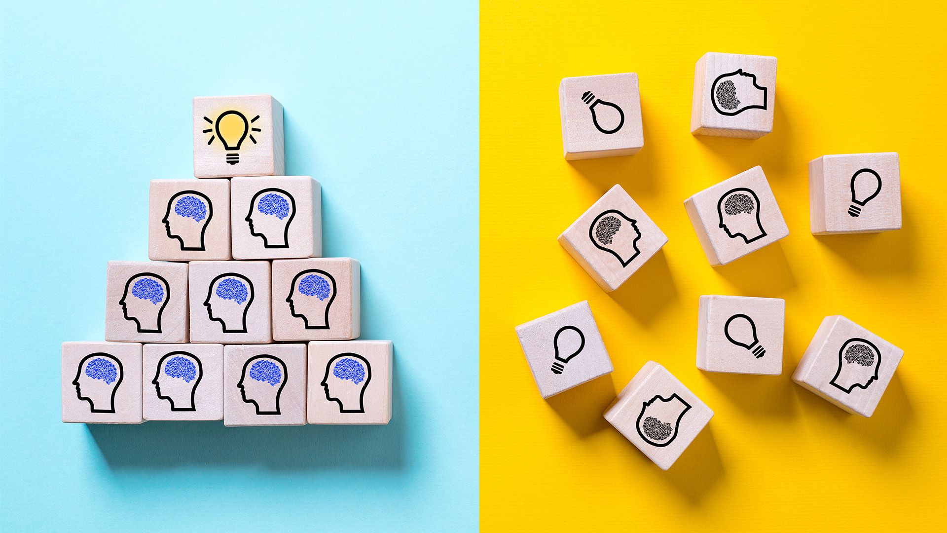 One the left is an image of building blocks arranged in a pyramid with a blue background. On the left, there is a yellow background and the building blocks are scattered. 