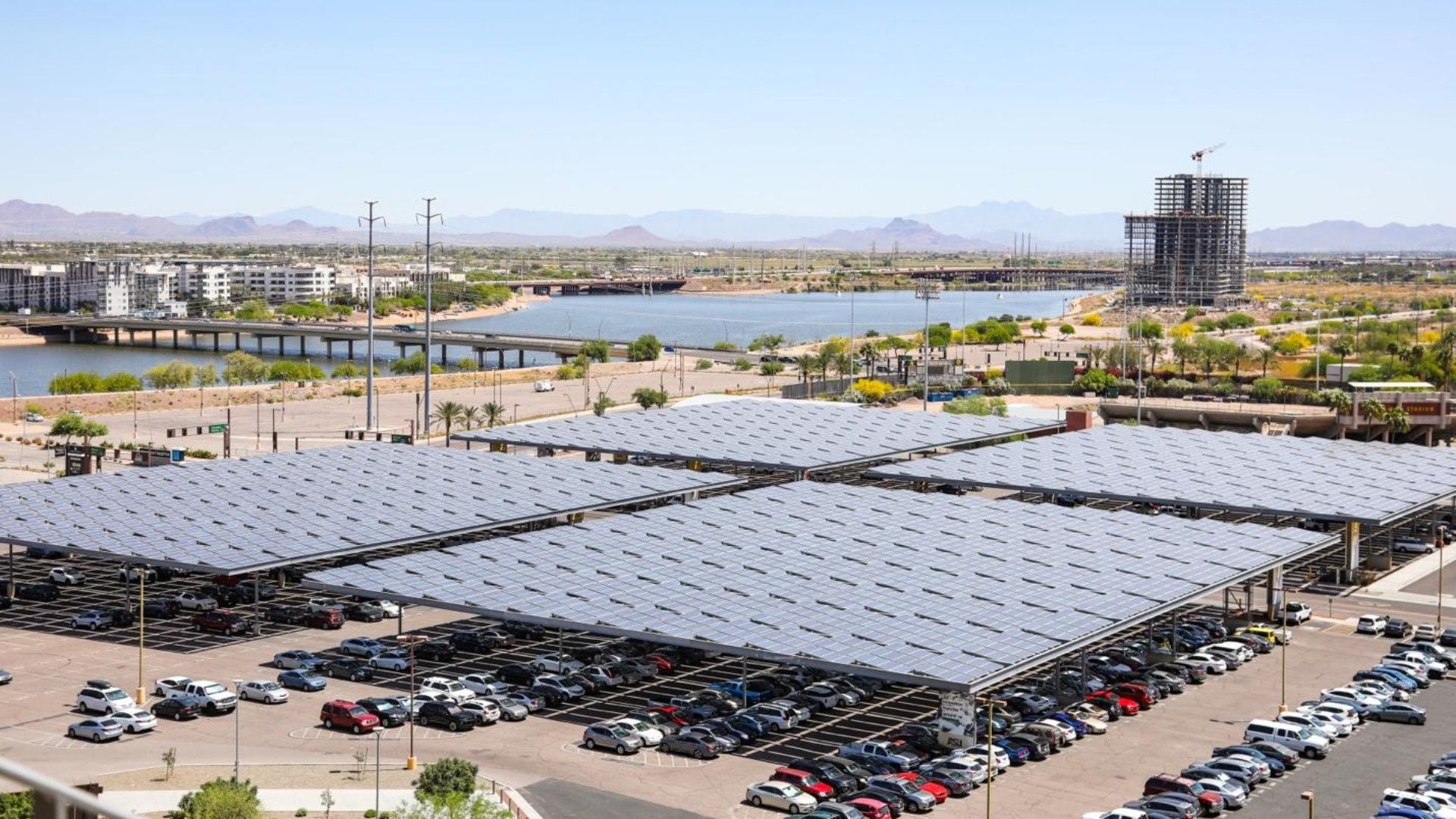 Solar panels on top of a parking lot. 