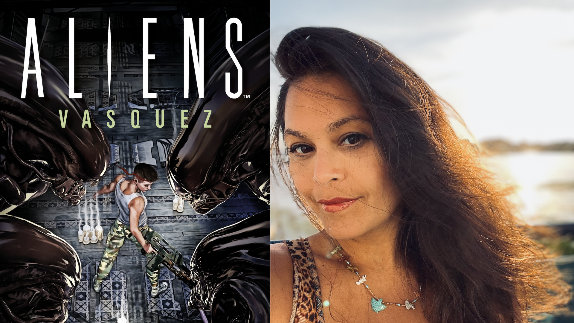 A cover of the novel "Aliens: Vasquez" along with author Violet Castro.