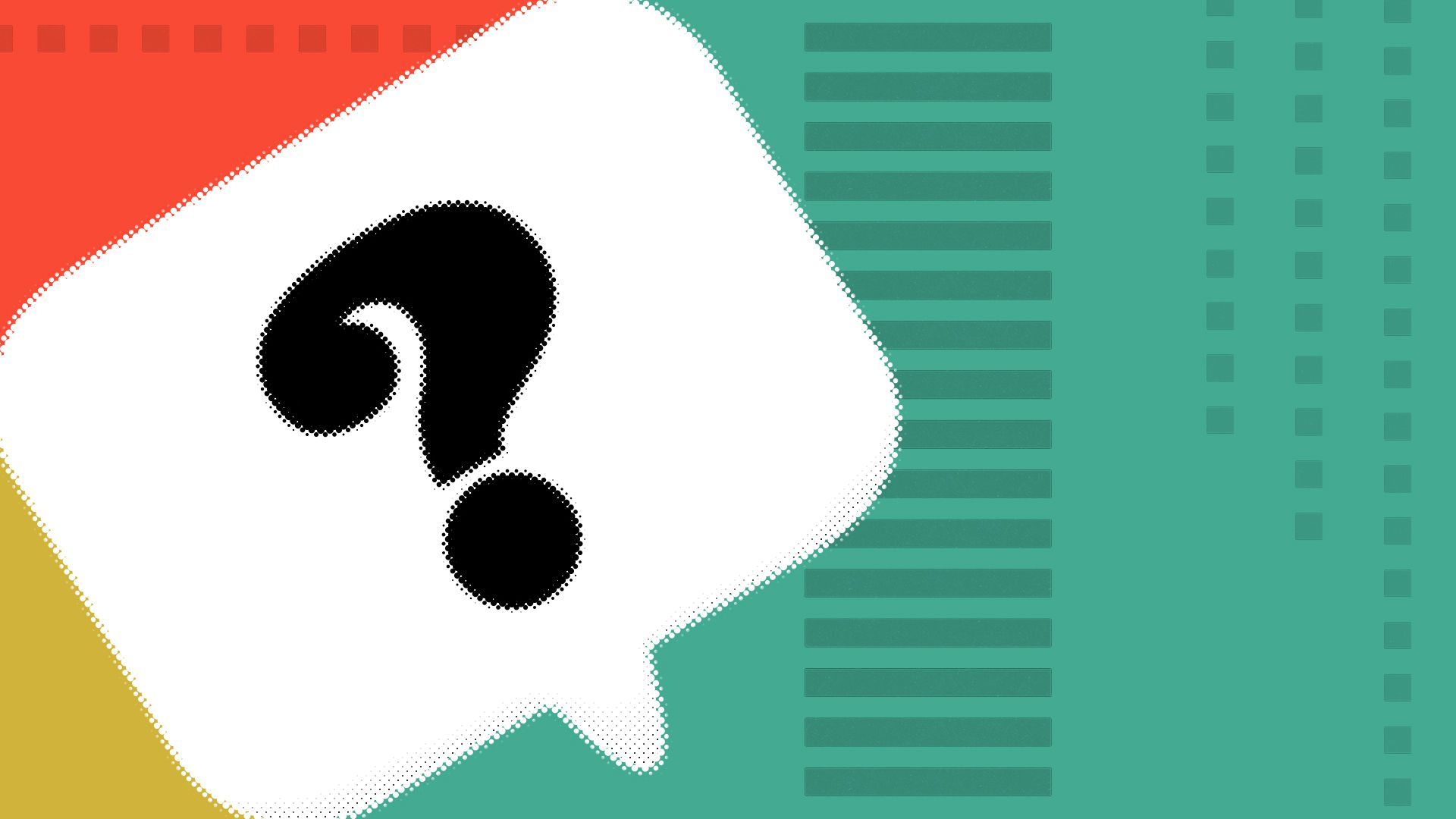 Illustration of a question mark in a speech bubble with ballot elements in the background.