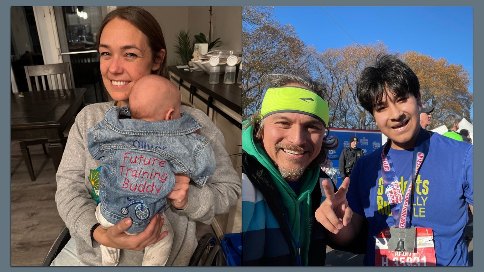 Left: Smiling woman holding baby in denim jacket reading "Oliver Future Training Buddy". Right: Two men smiling outdoors, one in green headband and jacket, the other wearing a blue shirt and race medal.