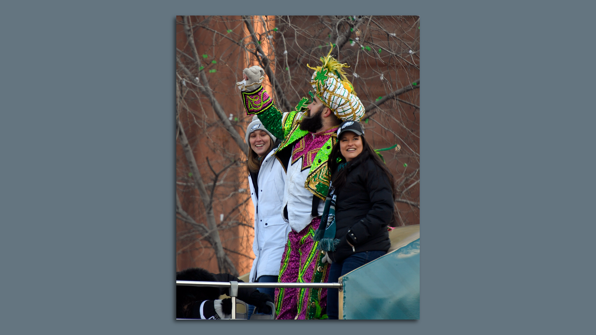 The Eagles' Jason Kelce in a Mummers costume during the Birds' Super Bowl parade in 2018.