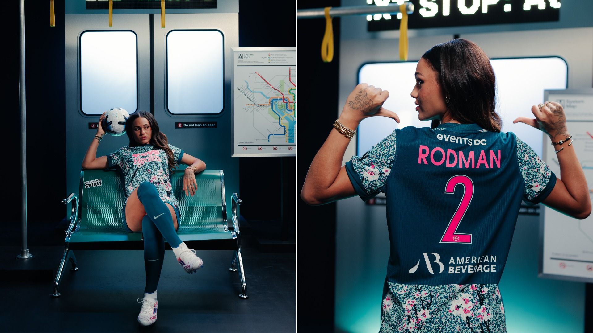 Split image of Trinity Rodman in teal floral sportswear in a Metro subway car. Left: sits on a teal bench, holding a soccer ball. Right: back view in a blue jersey reading 'RODMAN' and the number 2.