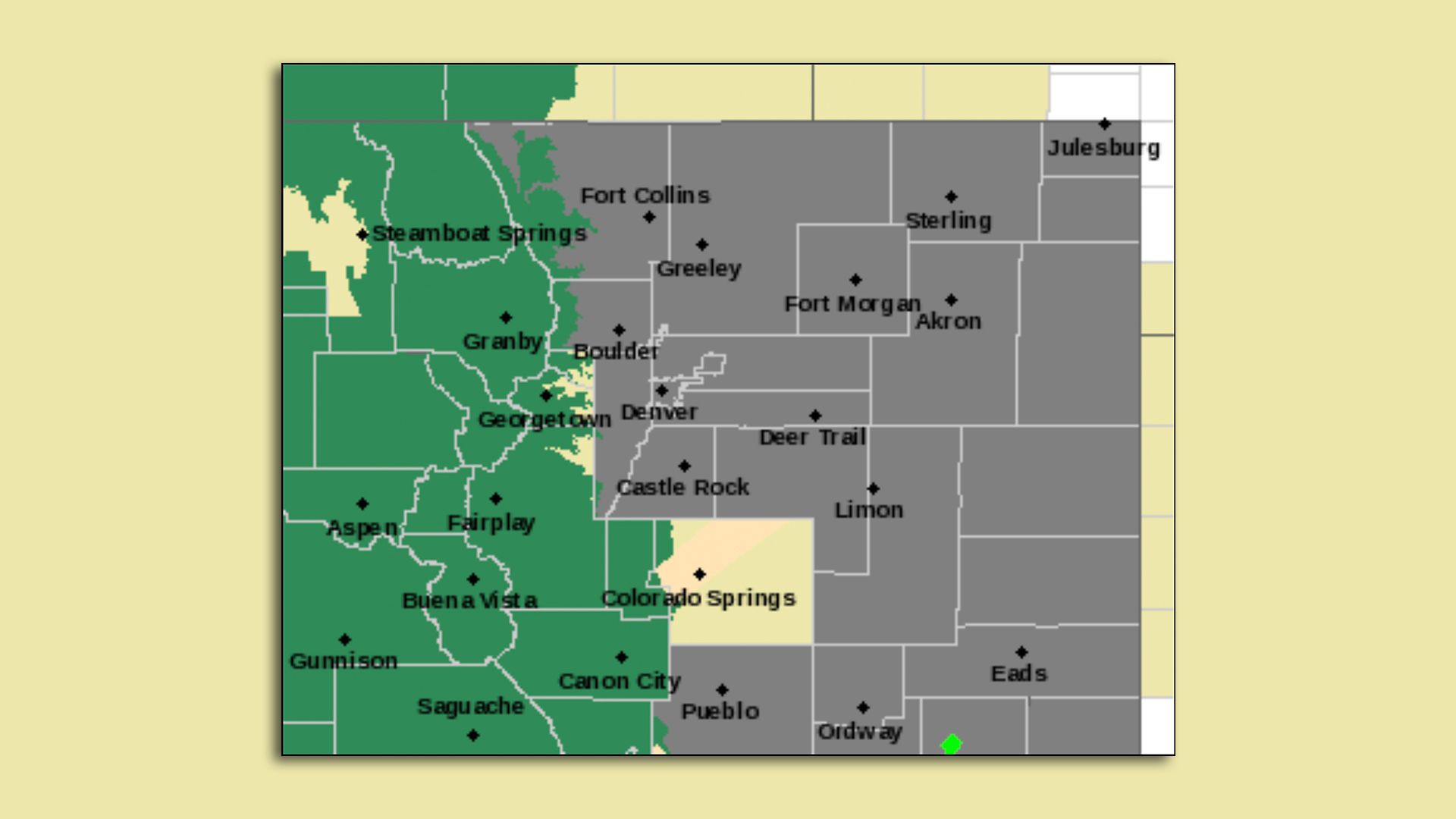 A photo of a map with gray over the Front Range indicating poor air quality