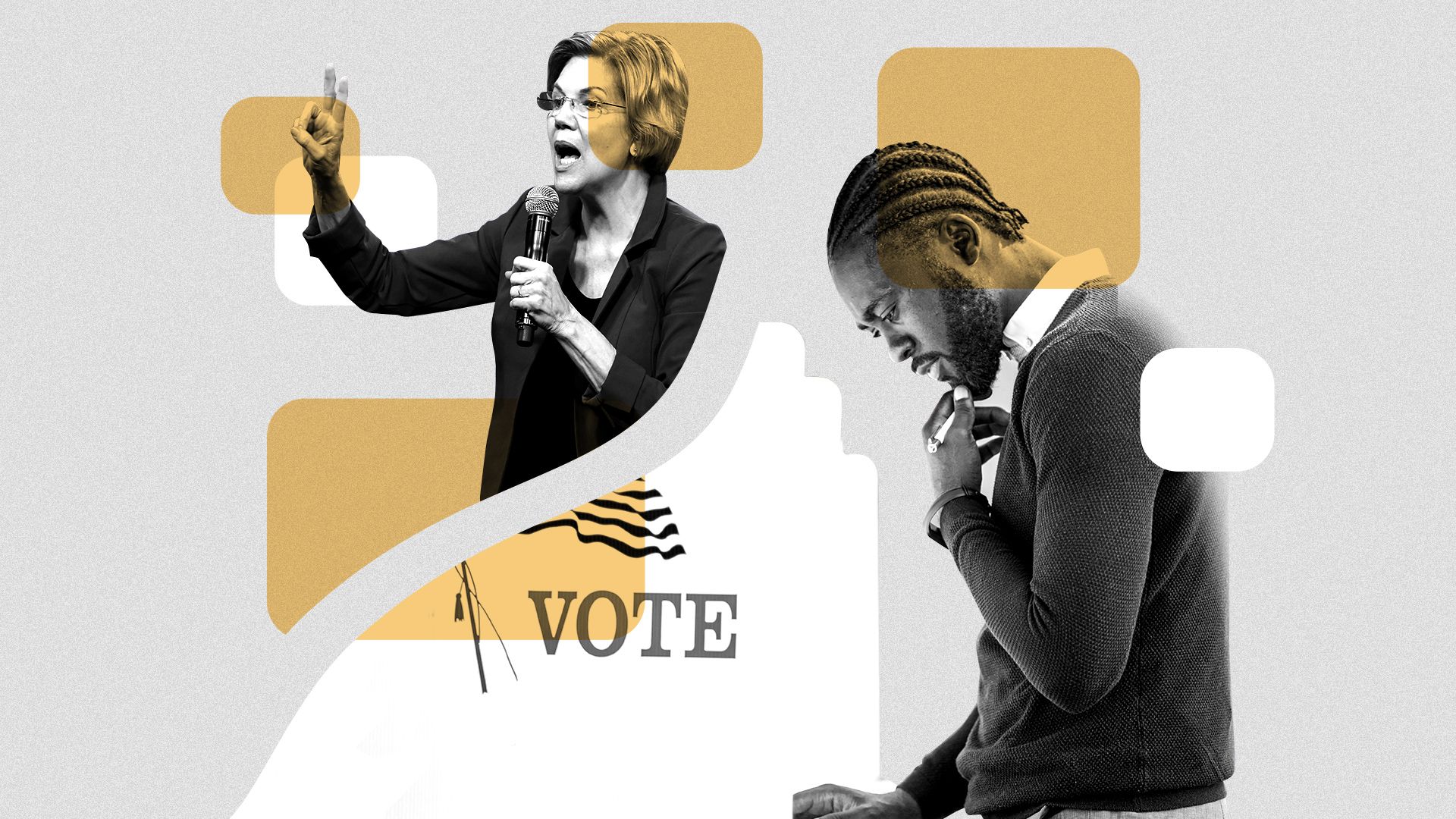 Illustrated collage of a black voter and Elizabeth Warren. 