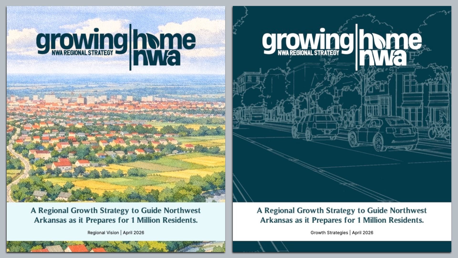 Two report covers titled "Growing Home NWA" show a regional strategy for Northwest Arkansas, with one featuring a landscape illustration and the other a stylized city street.