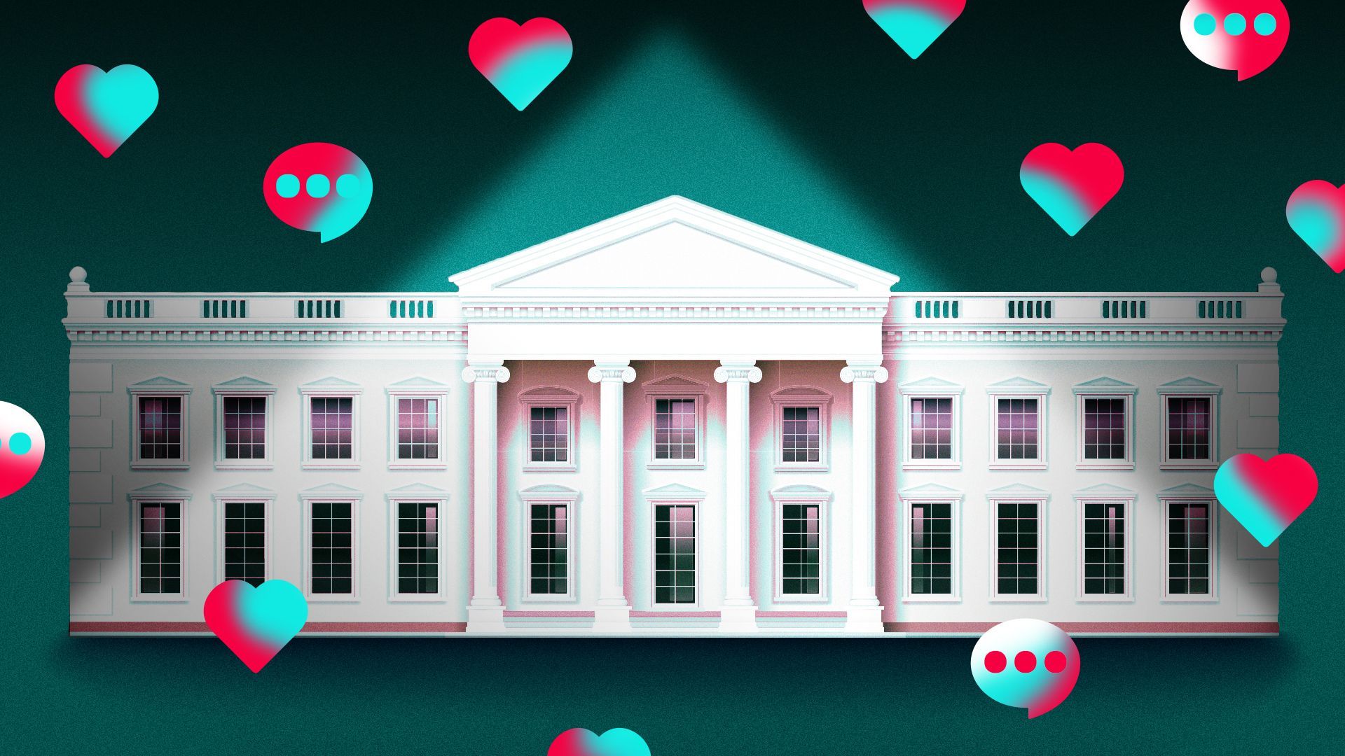 Illustration of the White House under a spotlight, surrounded by heart and speech bubble icons colored with the TikTok brand colors