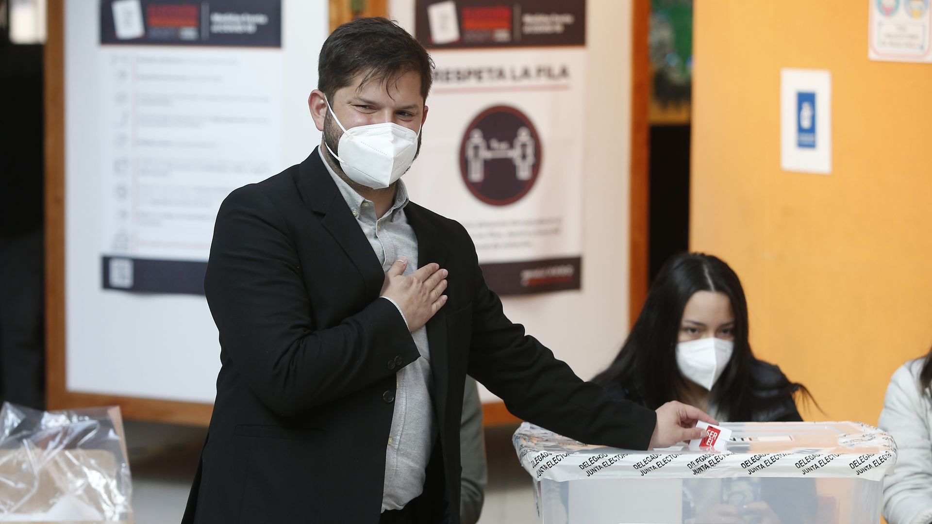 Chile's President-elect Gabriel Boric of Convergencia Social casts his vote at Escuela Patagonia during presidential elections runoff on December 19, 2021 in Punta Arenas, Chile.