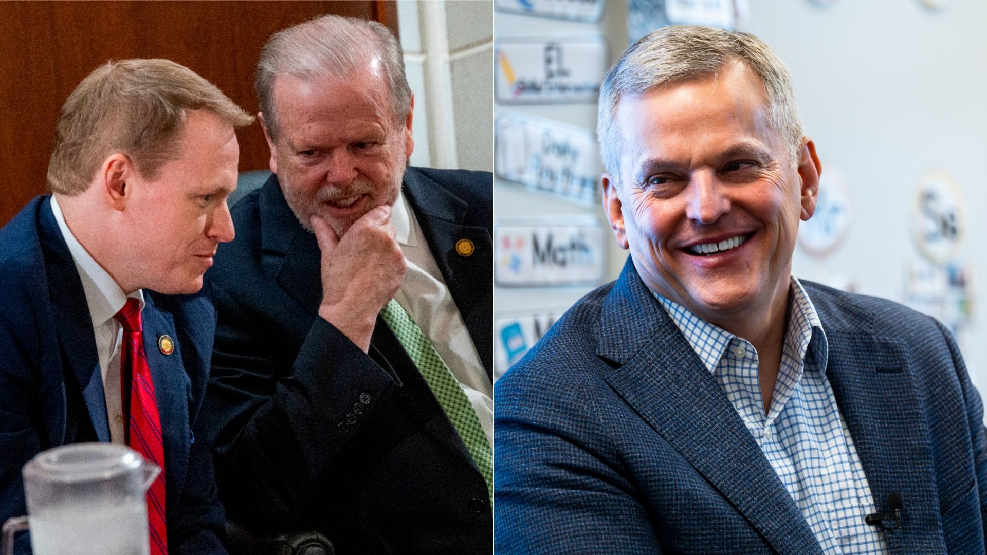 Split screen photos. At left, House Speaker Destin Hall and Senate leader Phil Berger talk before a special session. At right, Gov. Josh Stein visits a kindergarten class and smiles.
