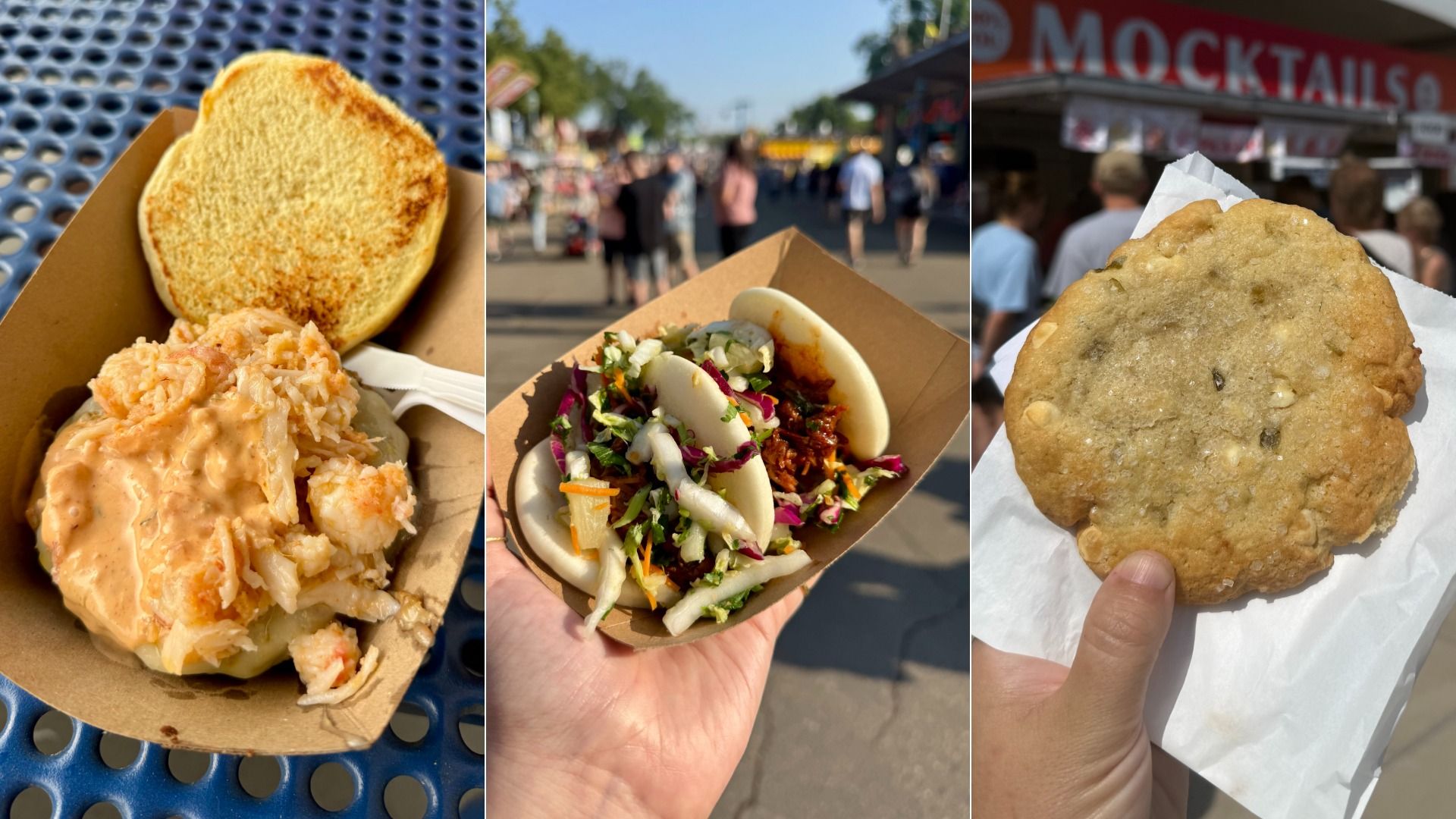 Three-panel festival collage: left lobster roll in a toasted bun, middle handheld taco with onions and cilantro, right a large cookie held up; background shows a crowd and a mocktail stand.