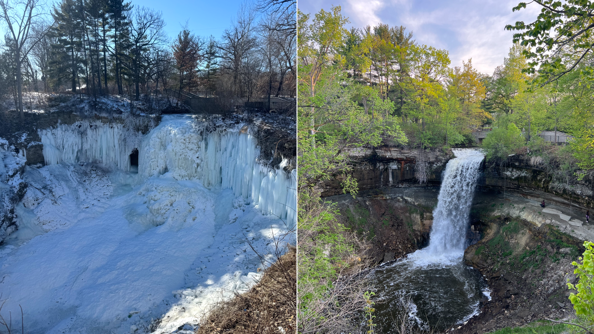 A side-by-side photo of a frozen waterfall in winter next to a view of the same waterfall flowing freely during the spring
