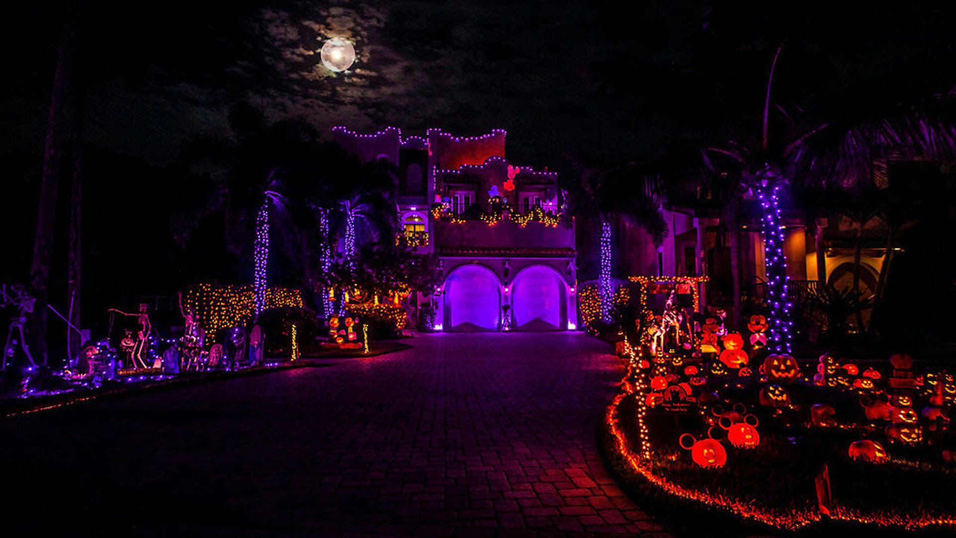 Peter Schorch's Halloween display at his St. Pete home, with red and purple lights everywhere. 