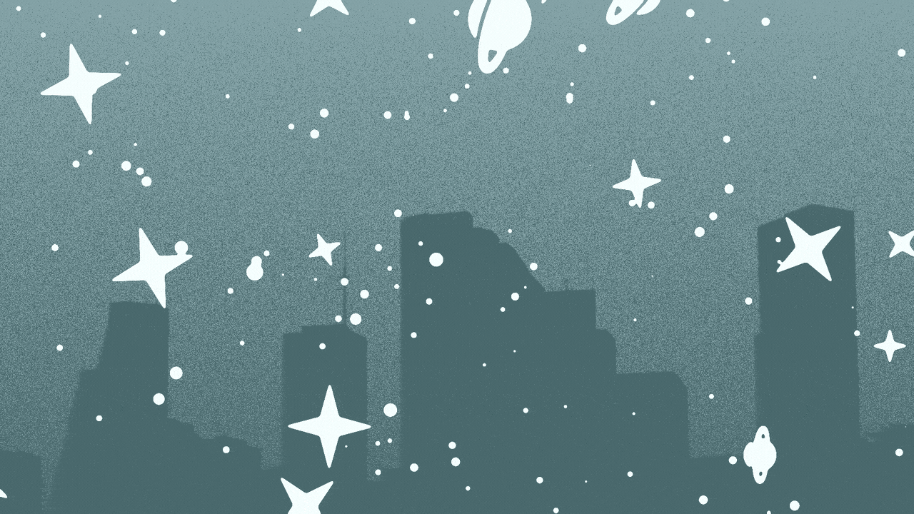 Animated illustration of the Houston skyline with snowflakes in the shape of stars and planets falling on it.