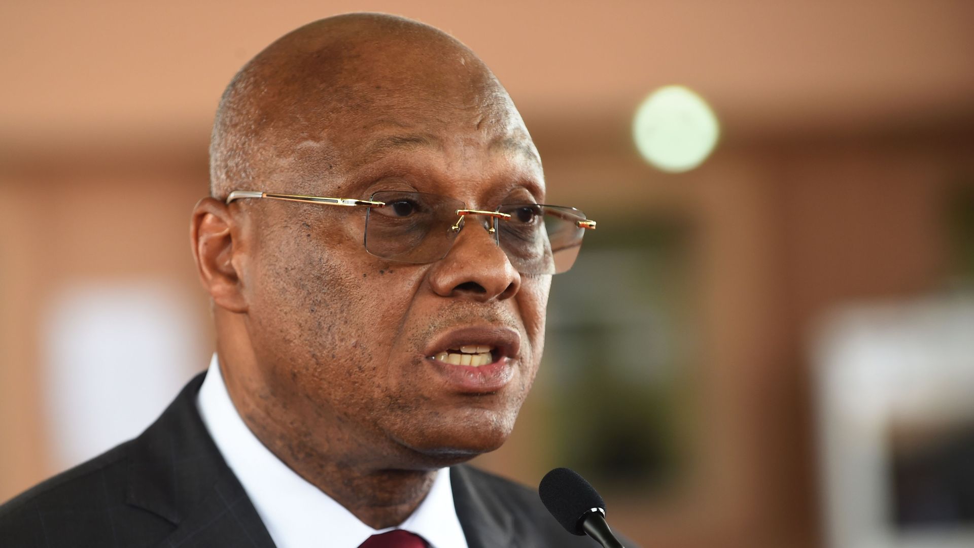  President of ECOWAS Commission Ivorian Jean-Claude Brou speaks at Seme-Krake in Badagry district of Lagos, Nigeria's commercial capital on October 23, 2018. 