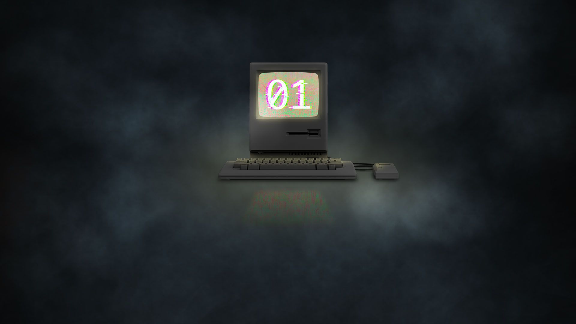 Illustration of a vintage gray computer with a keyboard and mouse glowing in dark fog; the screen displays corrupted white text 