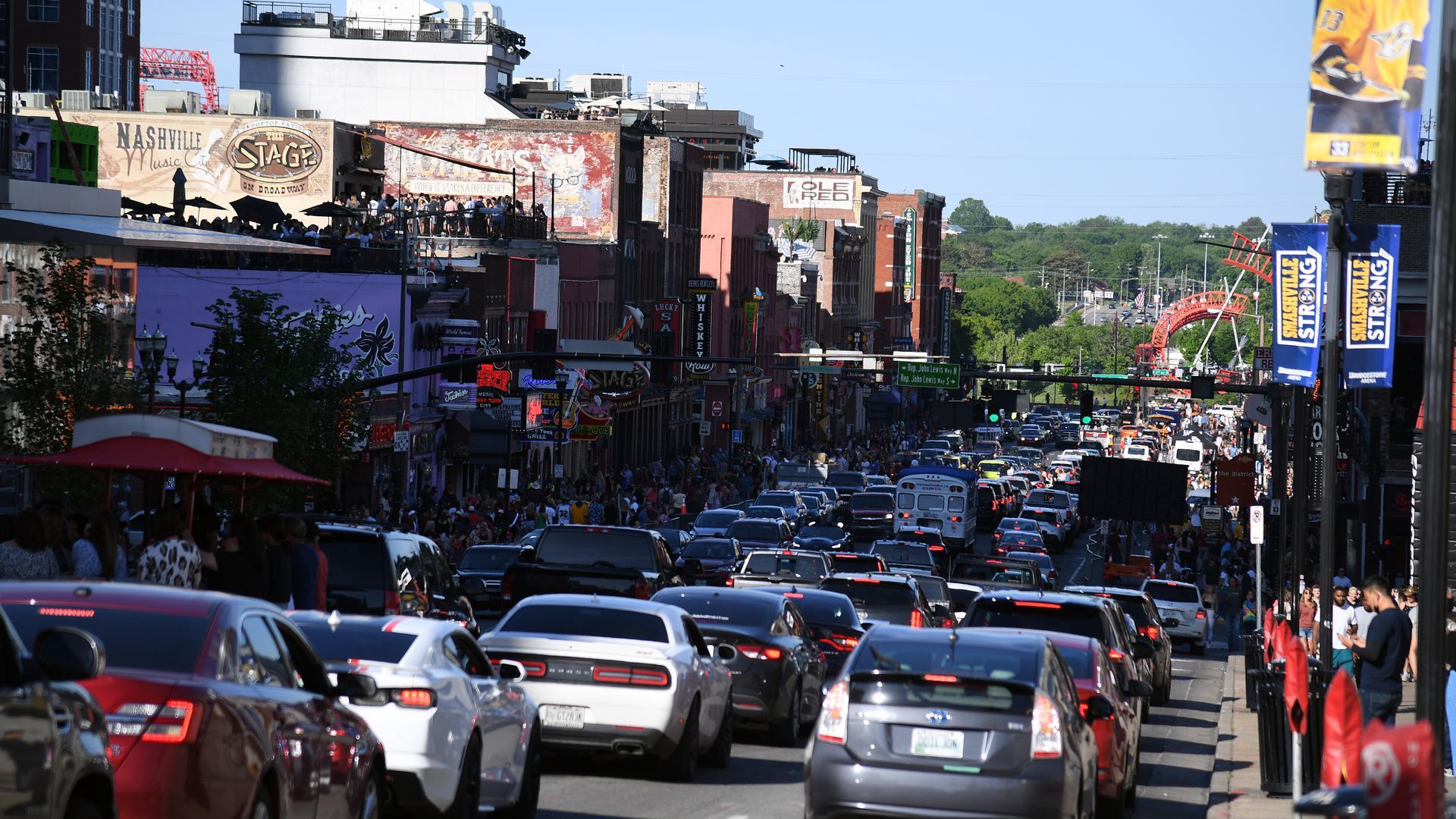 cars lined up bumper to bumper on Broadway in Nashville