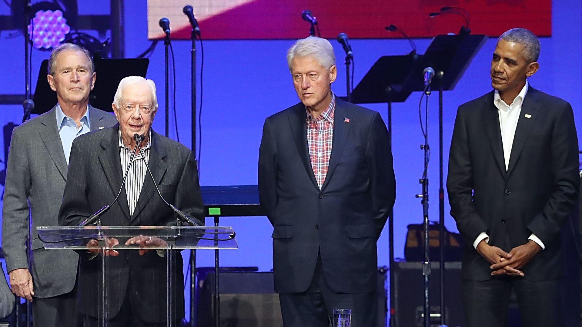  Former United States Presidents George H.W. Bush, George W. Bush, Jimmy Carter, Bill Clinton and Barack Obama at an event