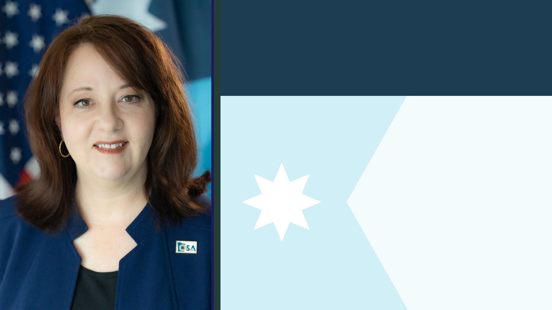 Photo illustration of Julie Blaha and the Minnesota state flag.