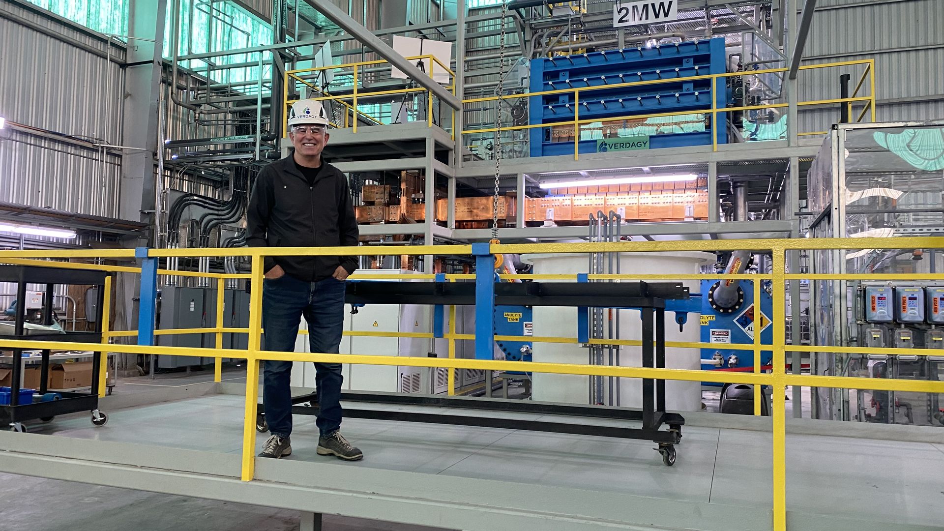 Verdagy CEO Marty Neese stands in front of the company's green hydrogen plant in Moss Landing, Calif. 
