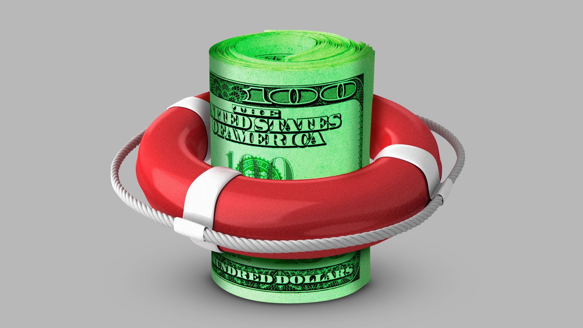 Illustration of a roll of money in a life preserver. 