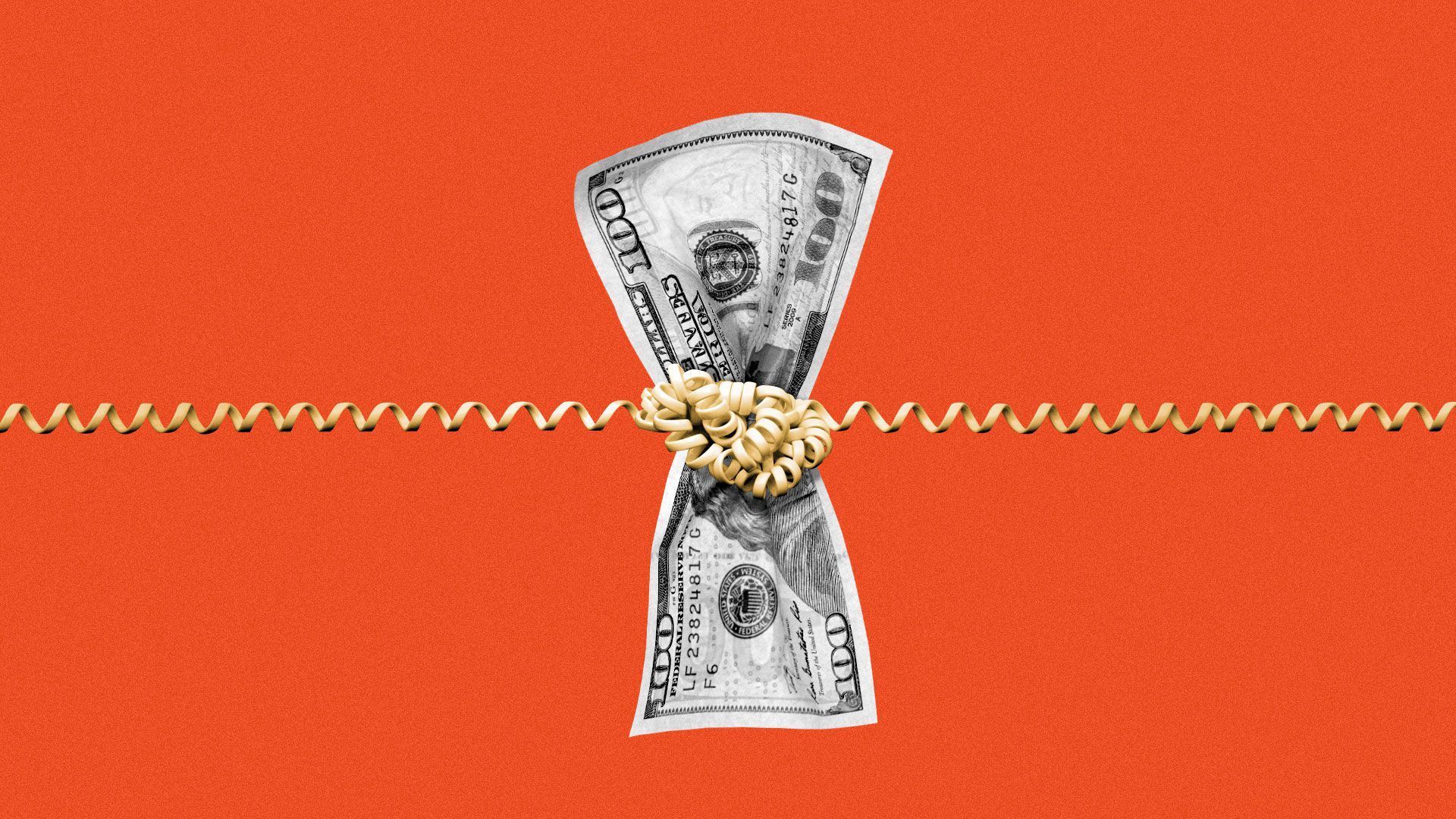 Illustration of $100 bill in a telephone cord knot