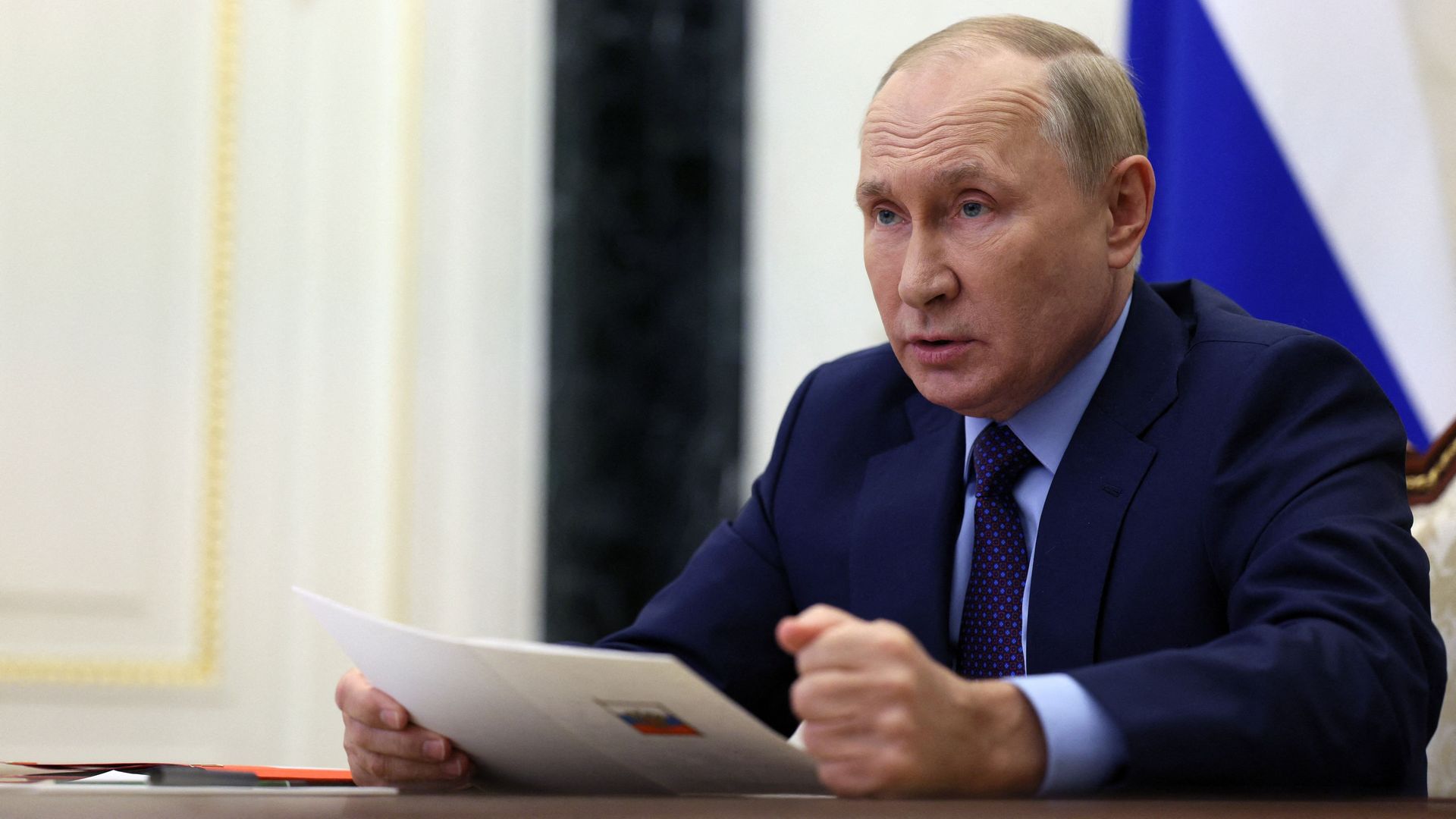 Russian President Vladimir Putin chairs a Security Council meeting via a video link at the Kremlin in Moscow on September 9.