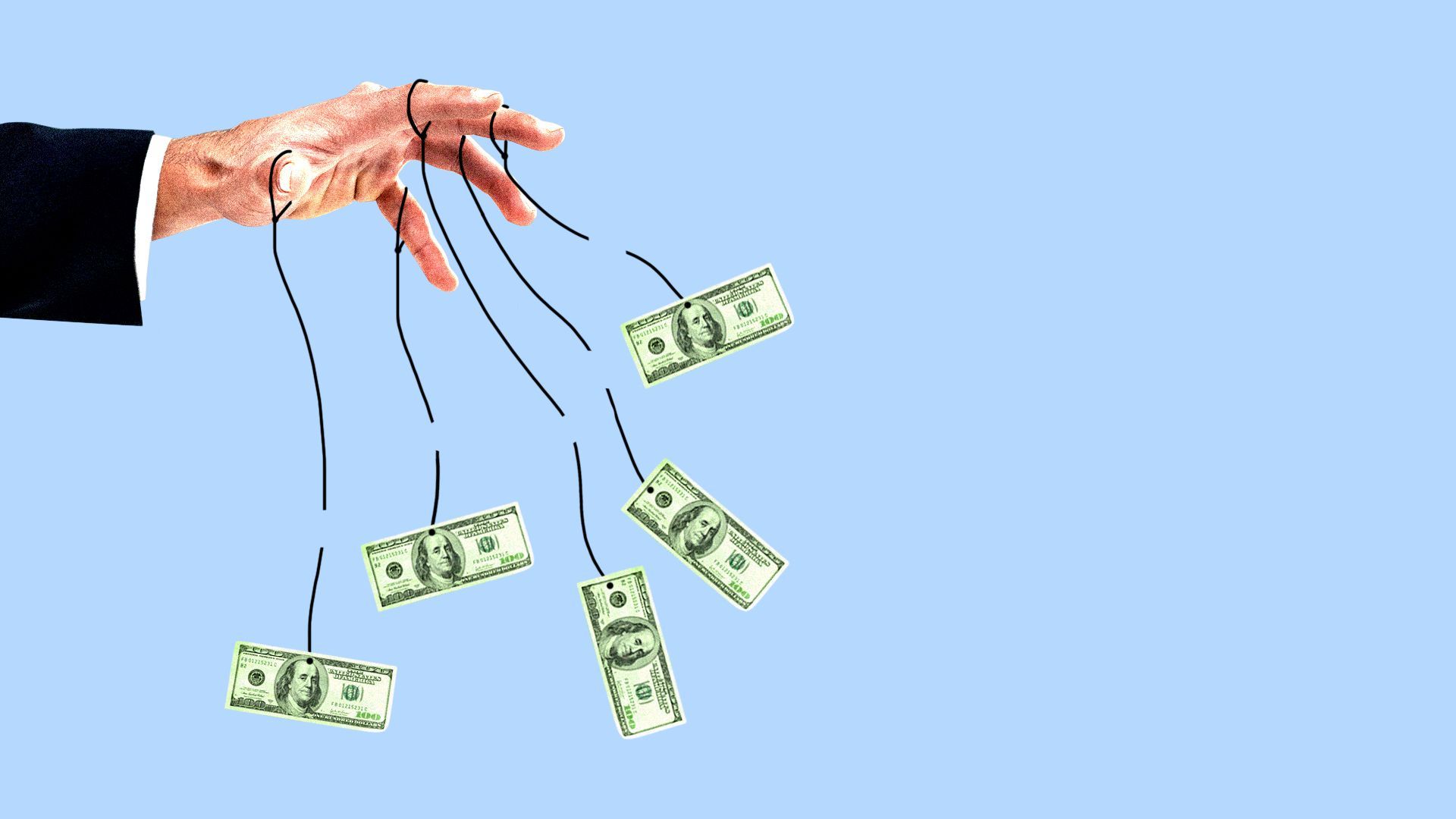 dollar bills being dangled from a man's fingers on cut strings