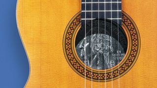 Illustration of a quarter inside a guitar. 