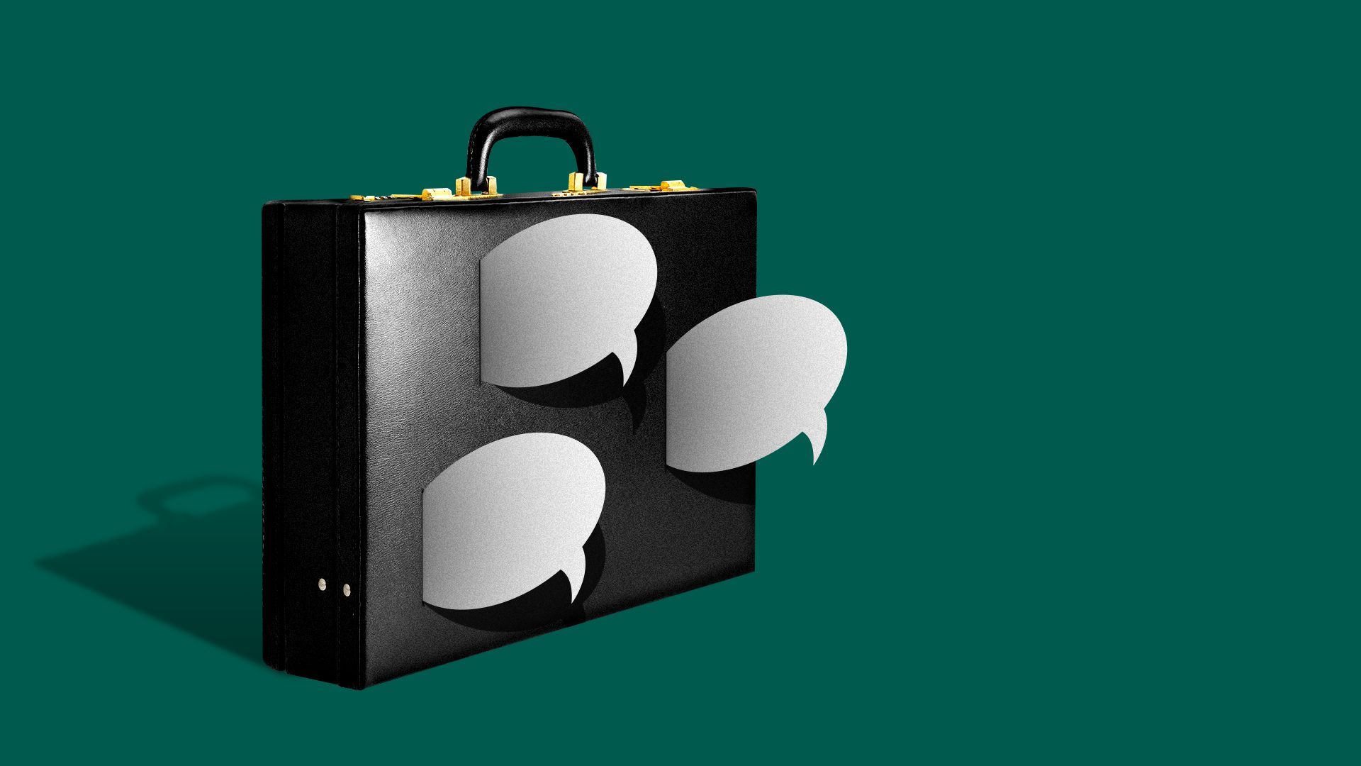 Illustration of a briefcase being pierced by several speech bubbles. 