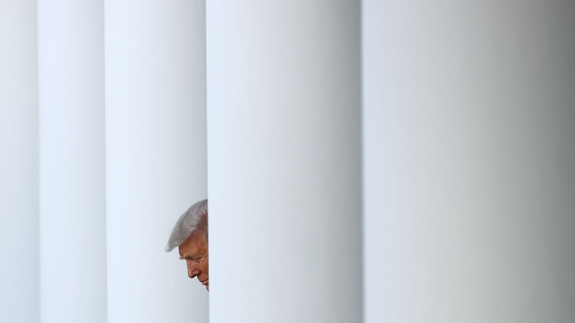 President Trump is seen among the Colonnade columns at the White House.