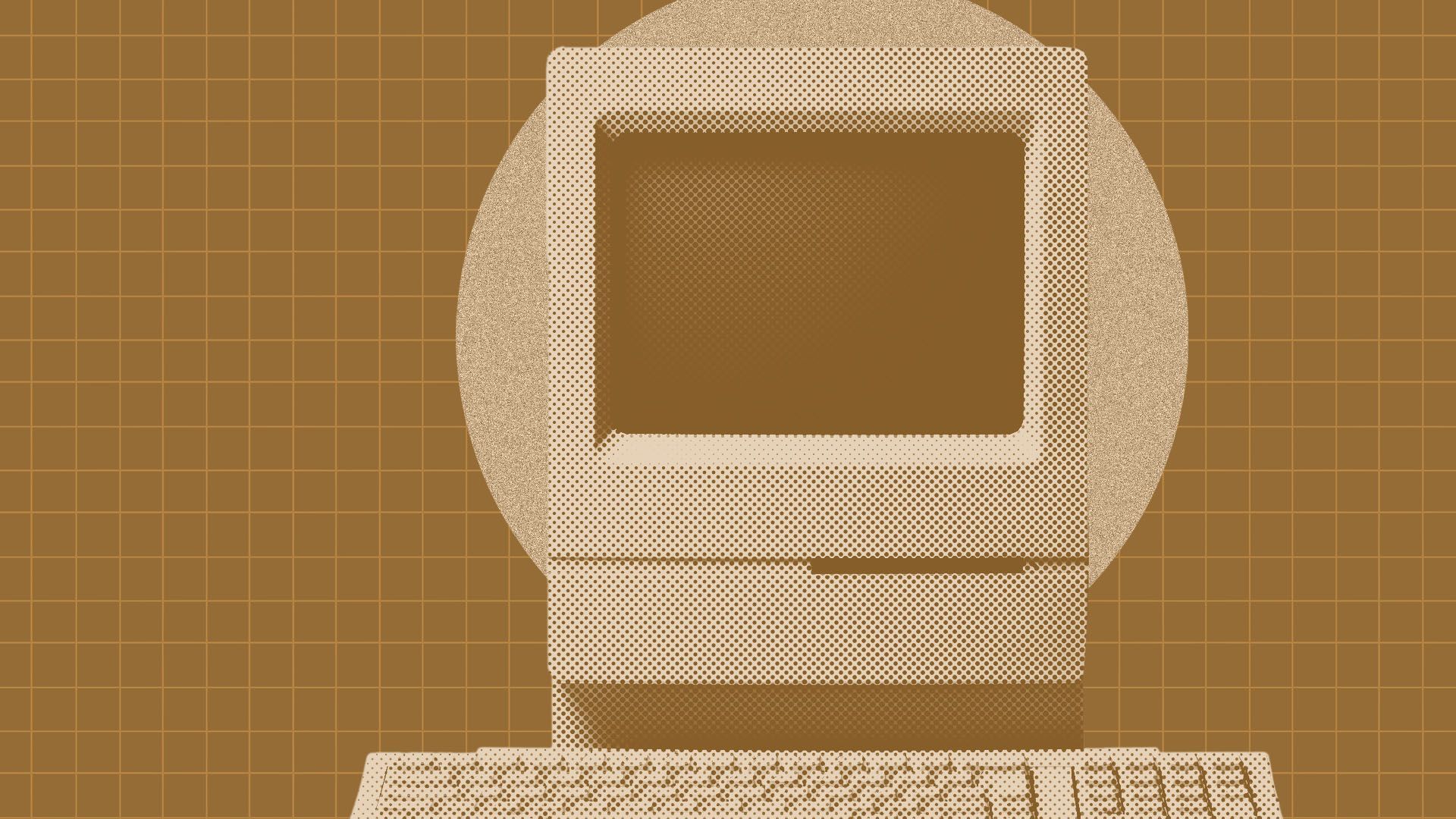 an illustration of a retro computer on a tan background with a halftone overlay
