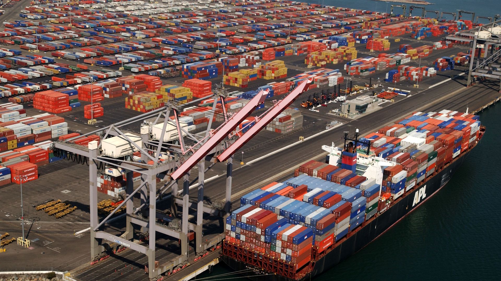 Shipping containers stacked in the Port of Los Angeles.