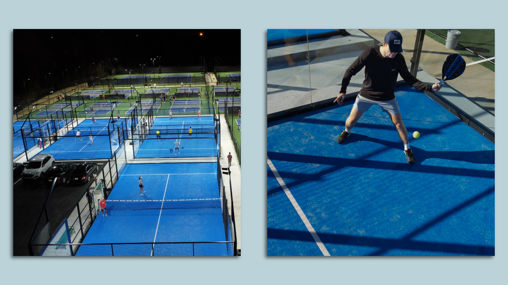 Side by side photos of padel courts during the nighttime and a player swinging the paddle at the padel ball on a court