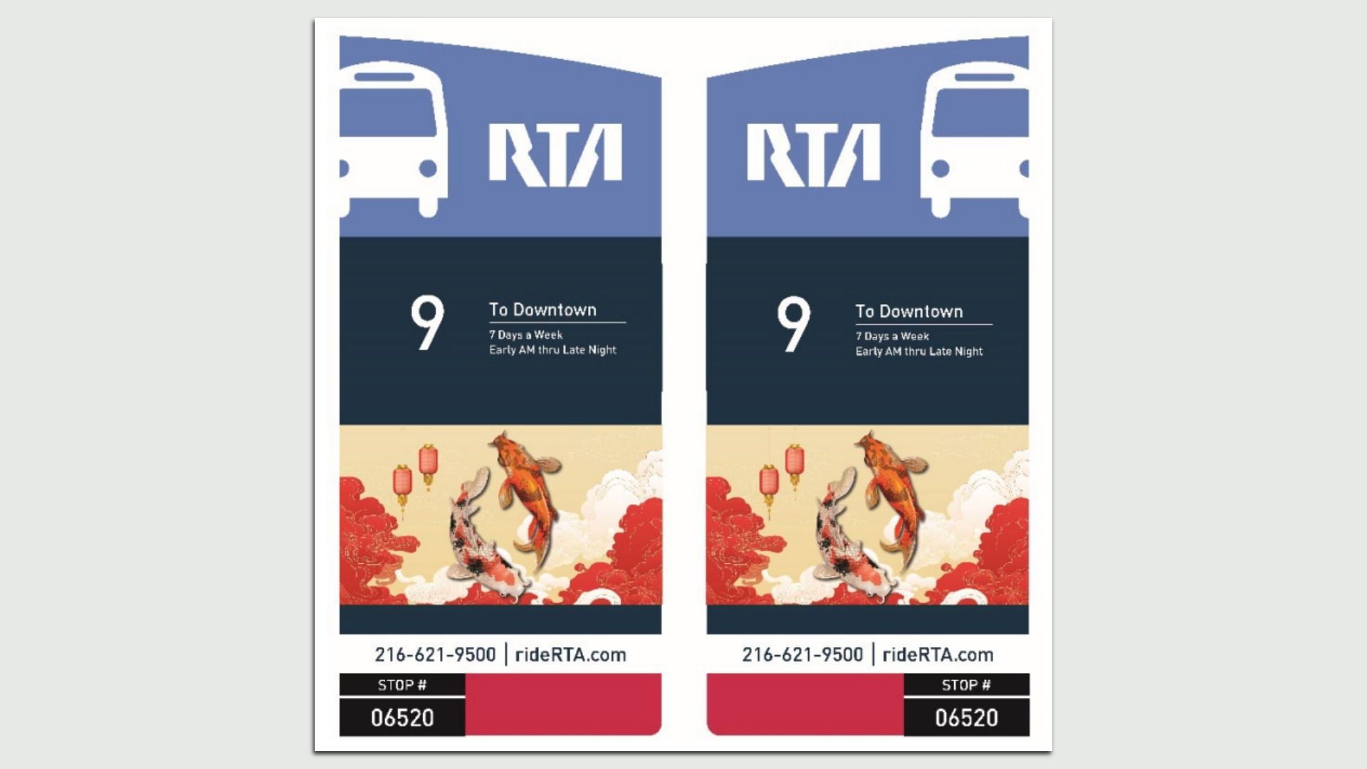 A bus stop sign in Cleveland featuring Asian American decoration for AAPI heritage month