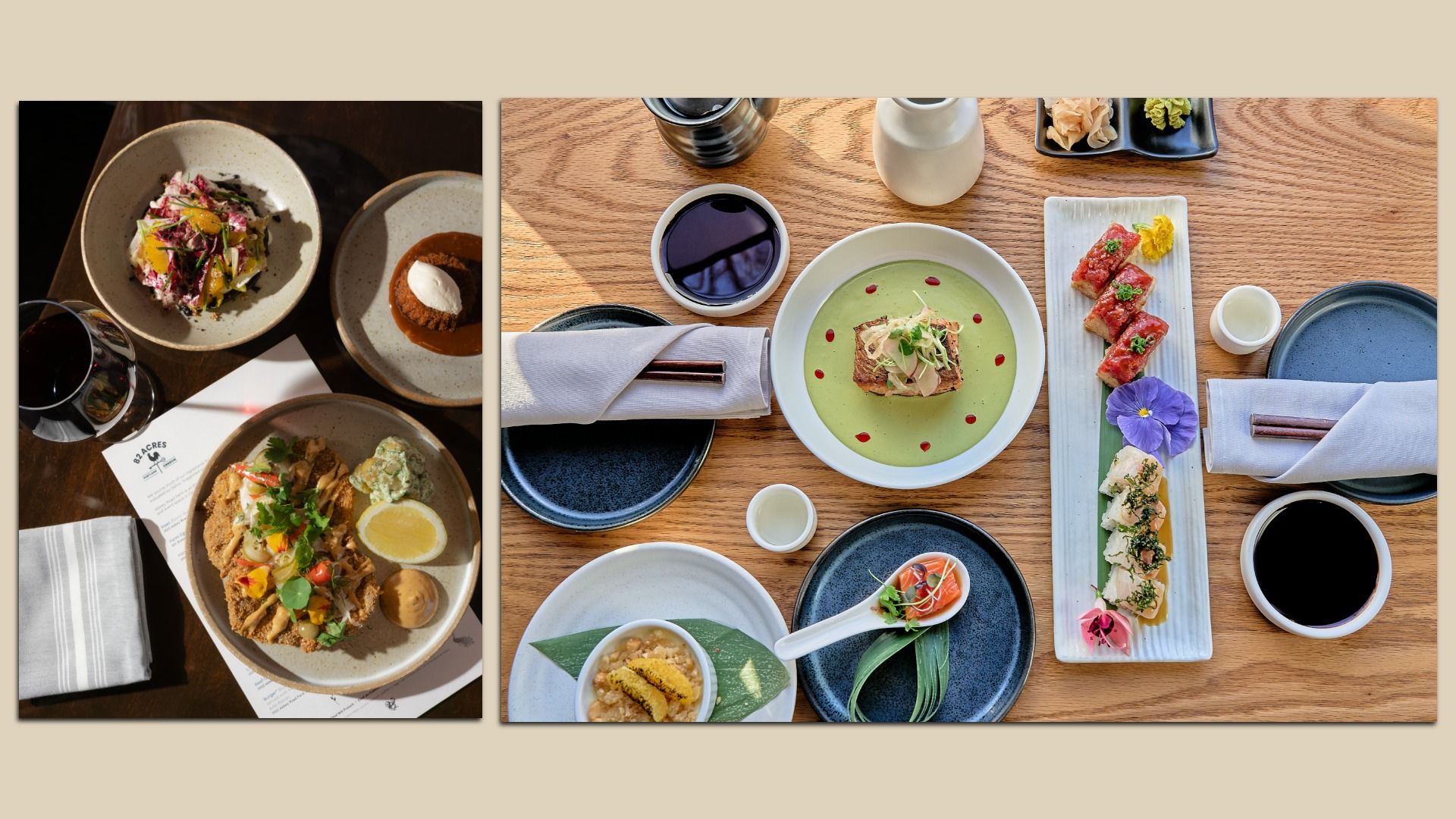 Two sets of gourmet dishes on wooden tables. Left: three plates with colorful salad, dessert, and fried food with lemon, alongside a glass of red wine and a white napkin. Right: artistic sushi and plated dishes with garnishes, chopsticks, soy sauce, and a small cup.