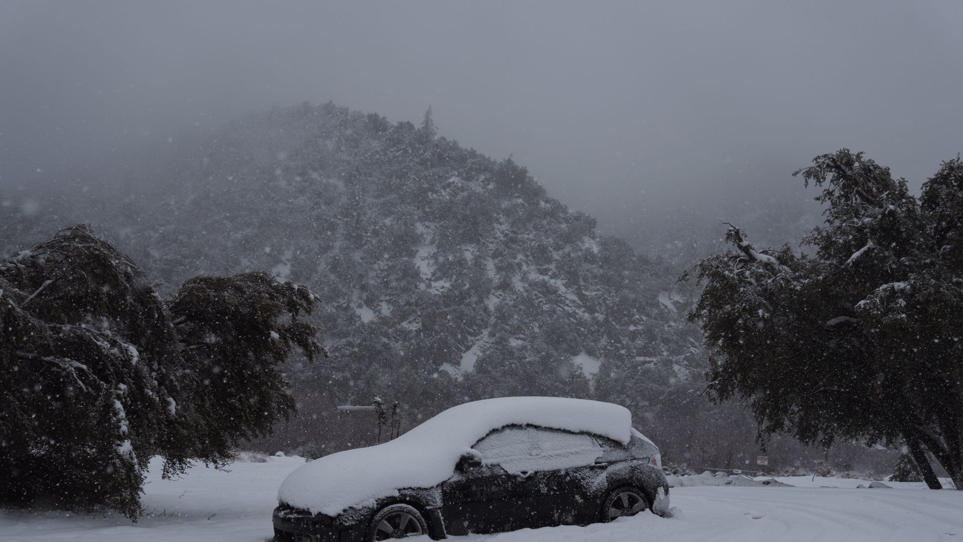 Car with heavy snow on top during a rare California blizzard.