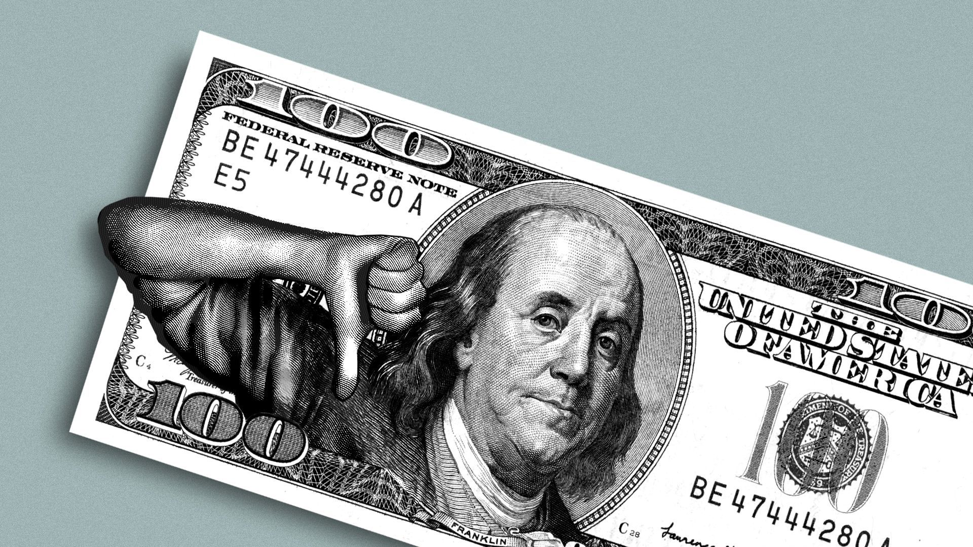 Illustration of Benjamin Franklin holding a thumbs down on the one hundred dollar bill