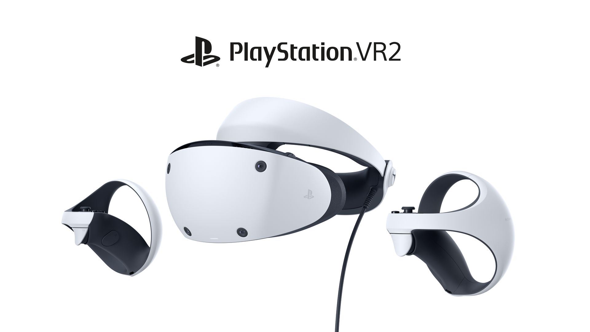 Image of a white PSVR 2 headset and its controllers