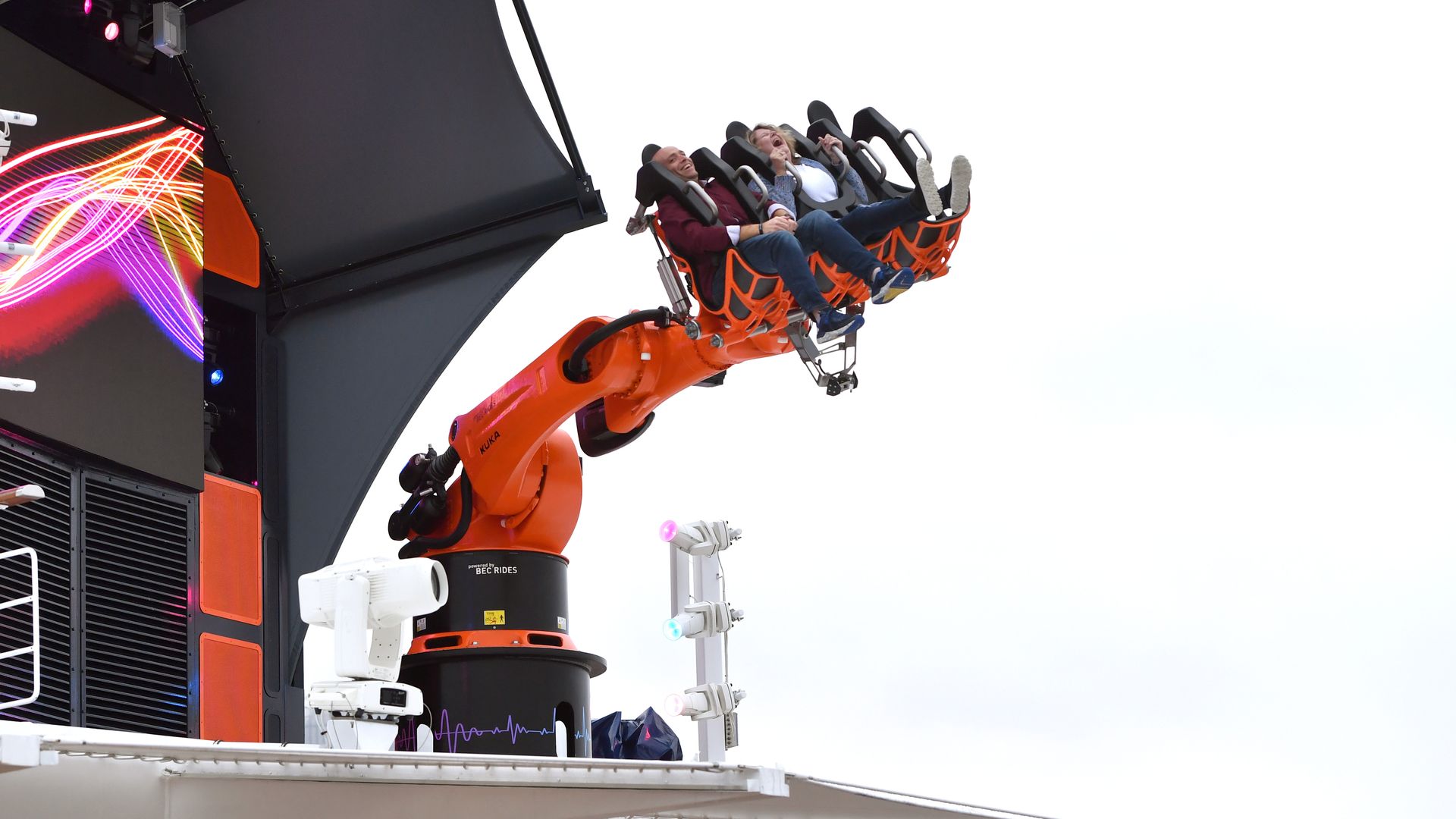 The Robotron, a new hand-and-claw shaped amusement ride aboard a cruise ship.
