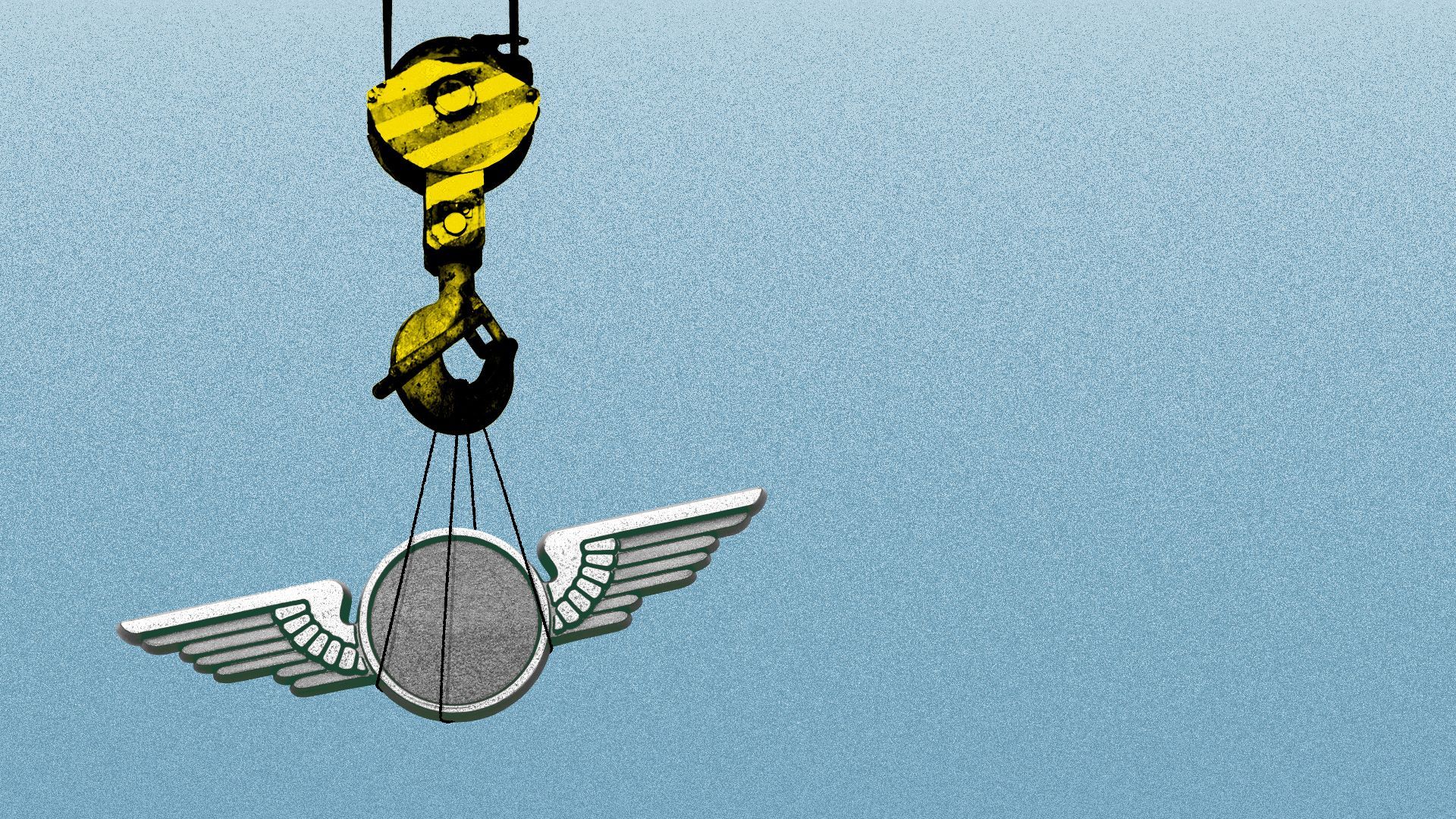 Illustration of a crane hook hoisting a pilot's wings pin.