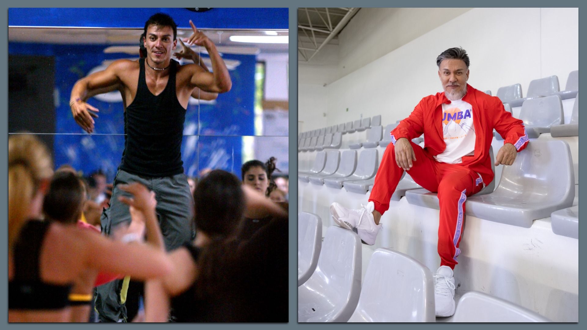Zumba creator Beto Perez teaching at Olympia Gym in Aventura in 2003 and posing for a photo in 2025. Photos (left to right) Charles Trainor Jr./Miami Herald/Tribune News Service via Getty Images; Gisela Jane Galan/Getty Images
