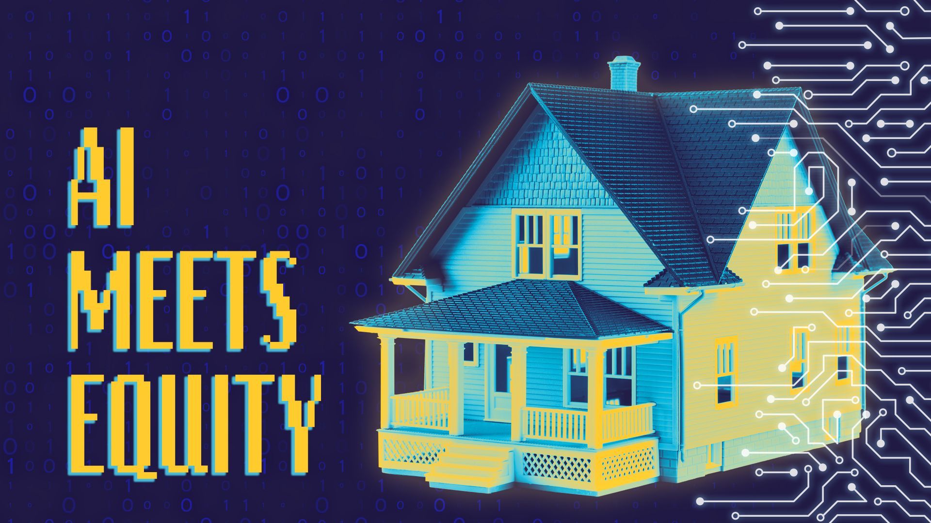 Illustration of a digital-looking house surrounded by binary code and a circuit pattern. 