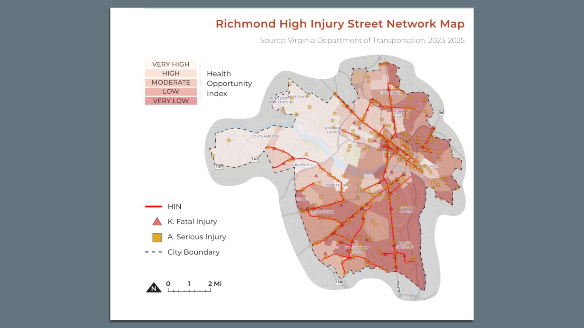 Map of Richmond's high-injury streets showing red lines for high-injury routes, orange squares for serious injuries, red triangles for fatalities, pink shading, dashed city boundary, and a north arrow.
