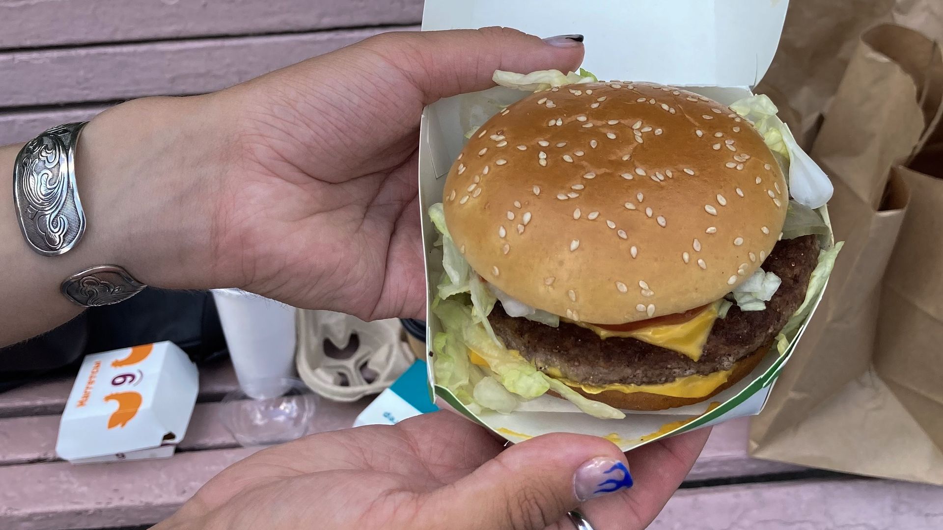 A man holds a burger from the Russian McDonald's successor in Moscow.
