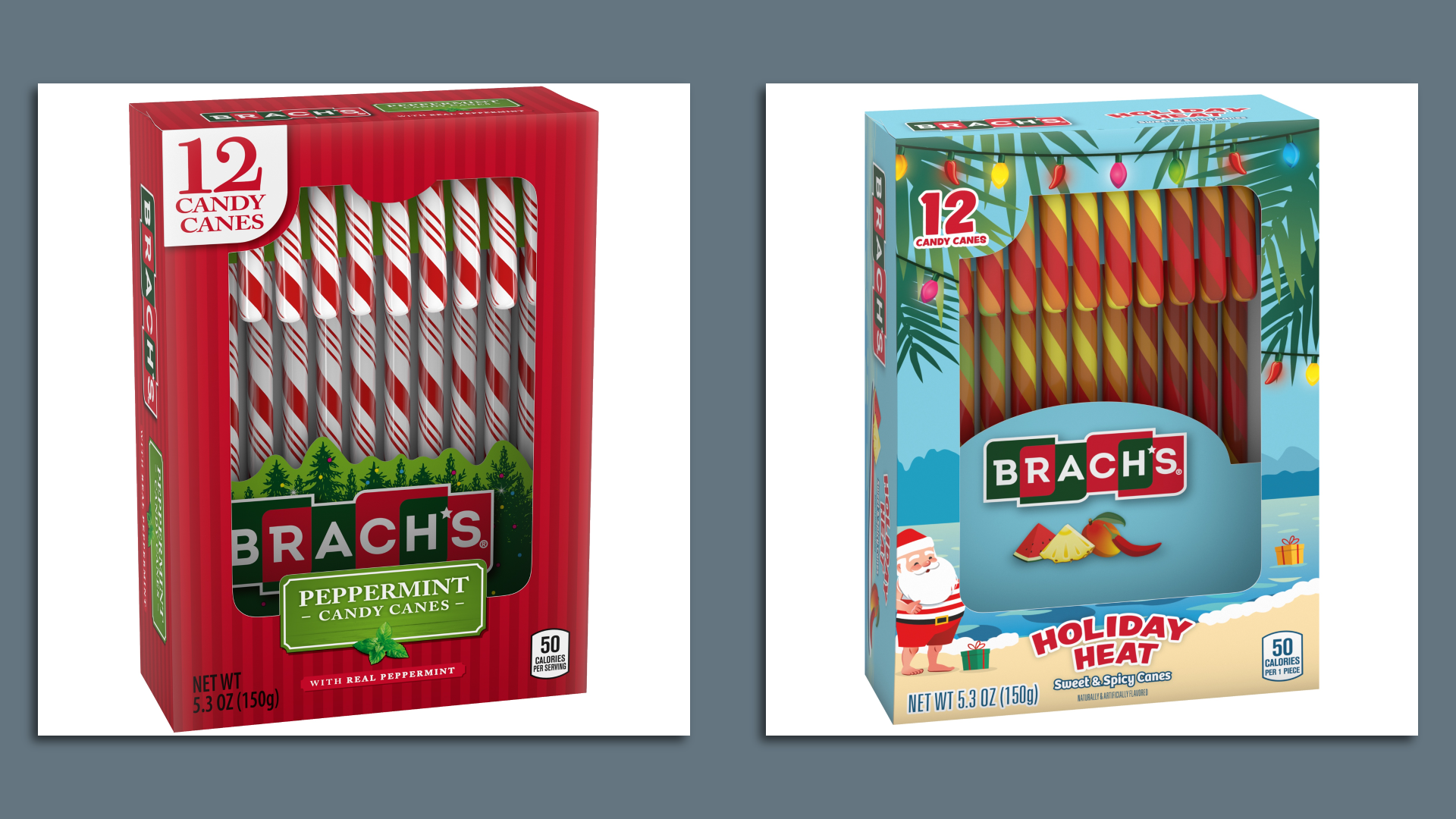 Two boxes of candy canes, one "classic" peppermint and the other newfangled "holiday heat."