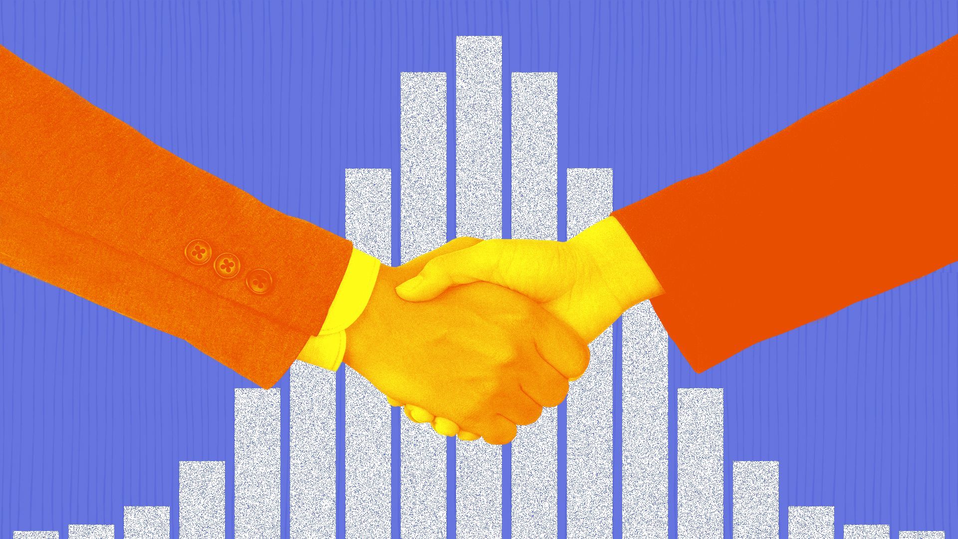 Illustration of hands shaking over a barchart showing a standard deviation bell curve. 