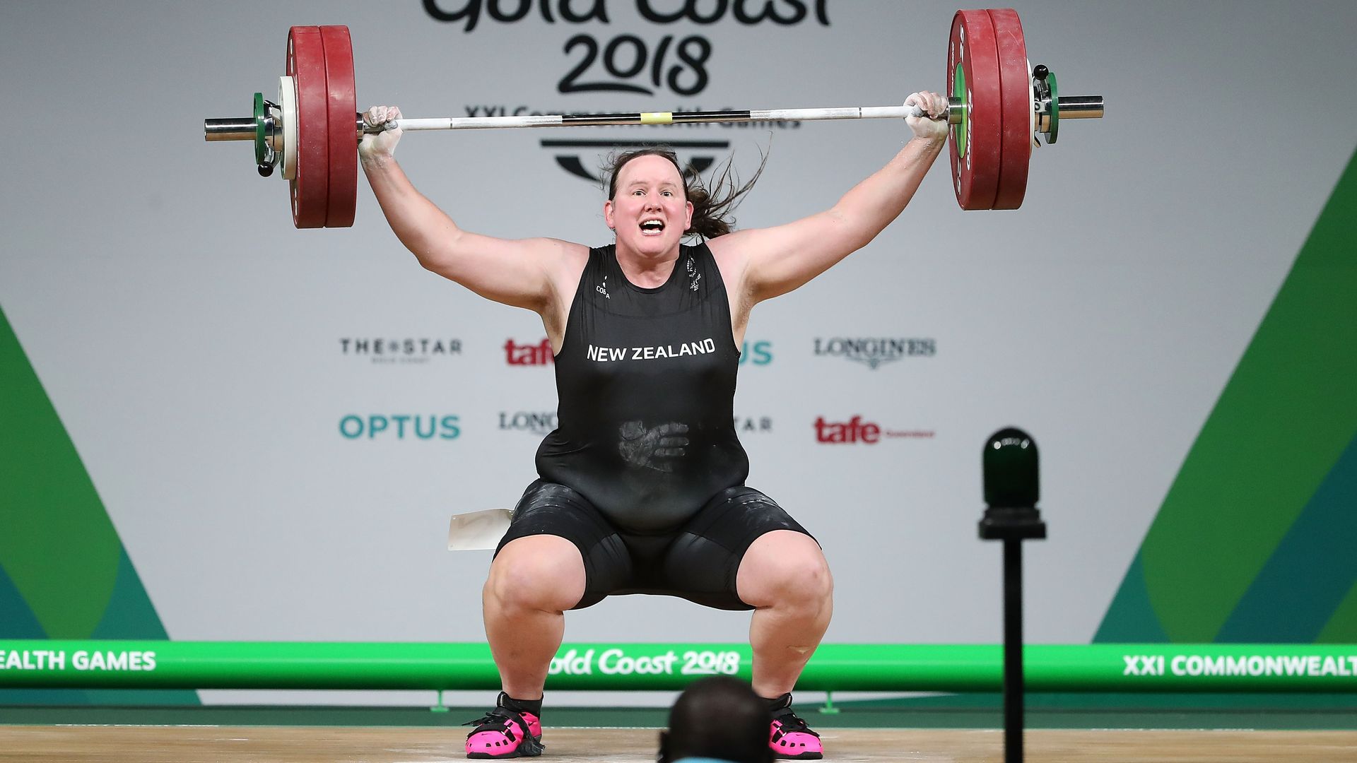 Laurel Hubbard of New Zealand competes in the Women's +90kg Final during the Weightlifting at the Commonwealth Games on April 9, 2018 on the Gold Coast, Australia.