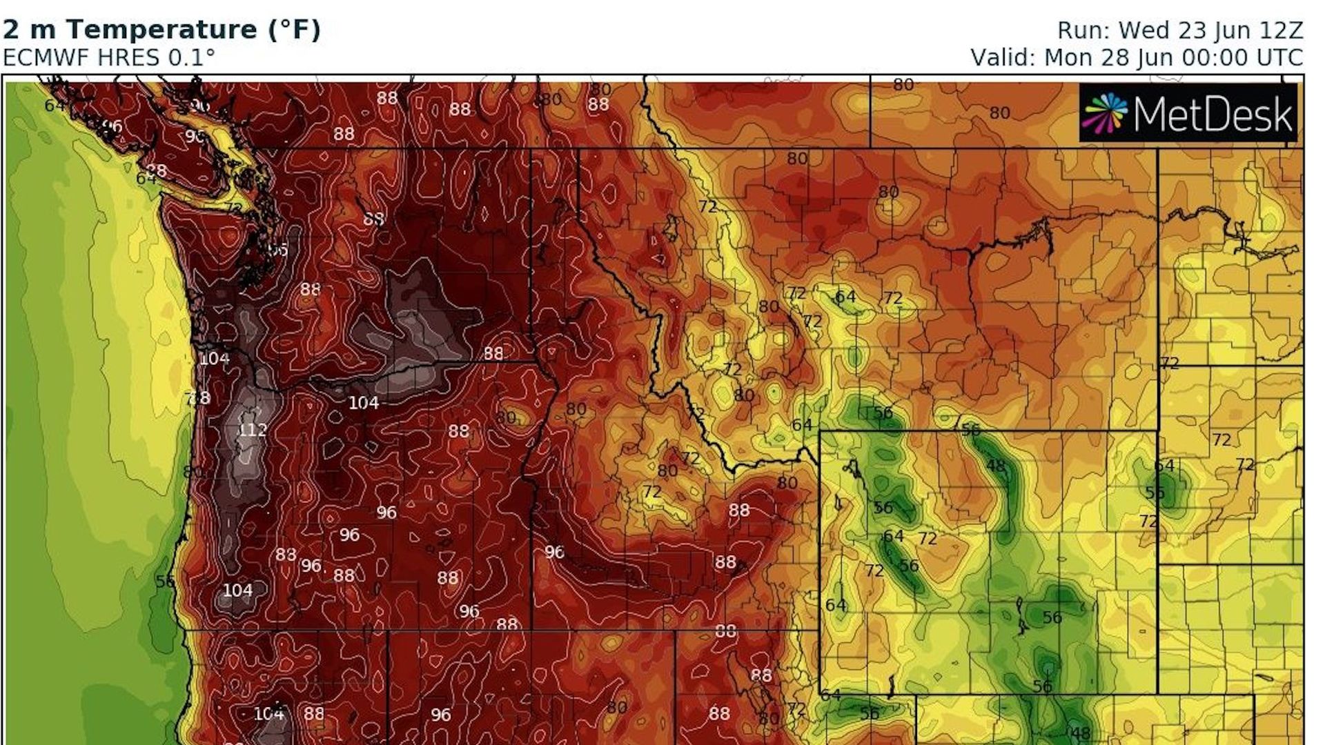 Temperature map showing bright red colors in areas where extreme heat is likely into early next week.