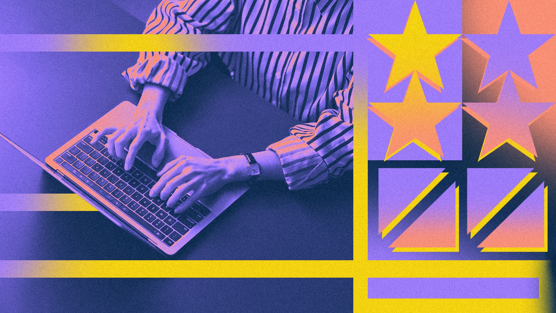 Illustrated collage featuring a person at a laptop surrounded by stars and various shapes