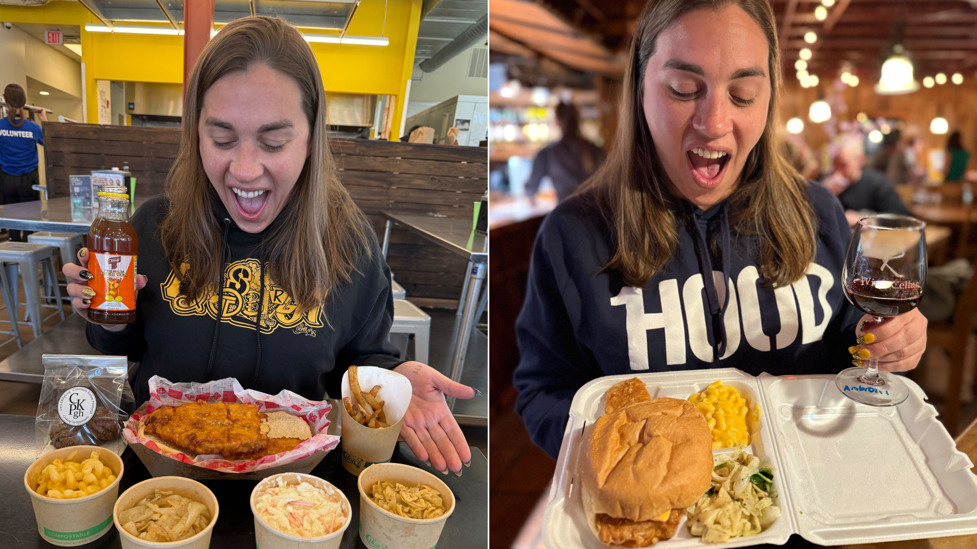 A split image of Allegheny County council member Bethany Hallam at a Community Kitchen's fish fry in Hazelwood and at Cellar on Penn's fish fry